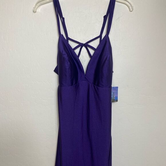 Morgan & Co 11 long purple maxi dress backless strapy stretchy prom party - Picture 5 of 9